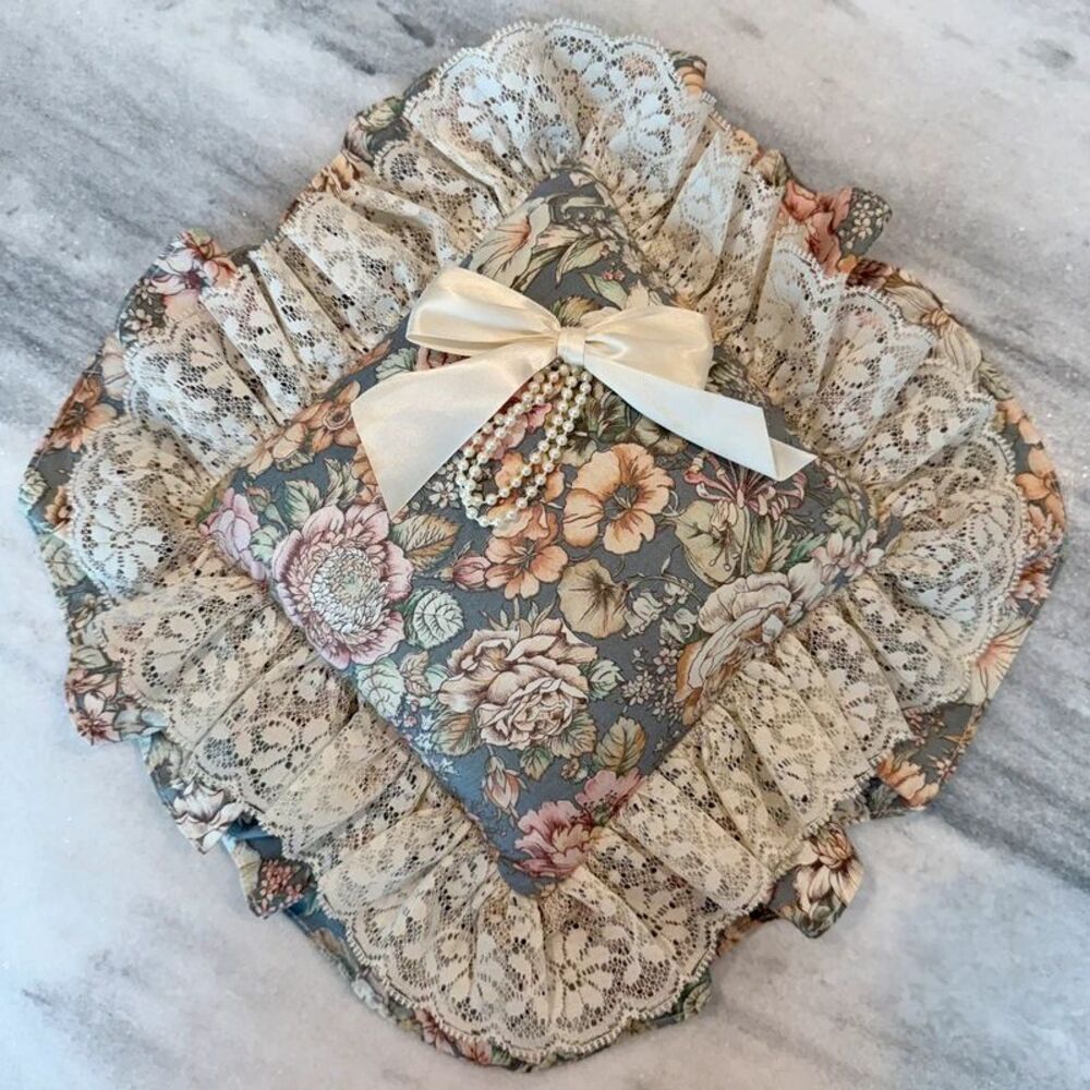 Cottagecore Granny Floral Lace Trim Bow & Pearl Accent Throw Pillow